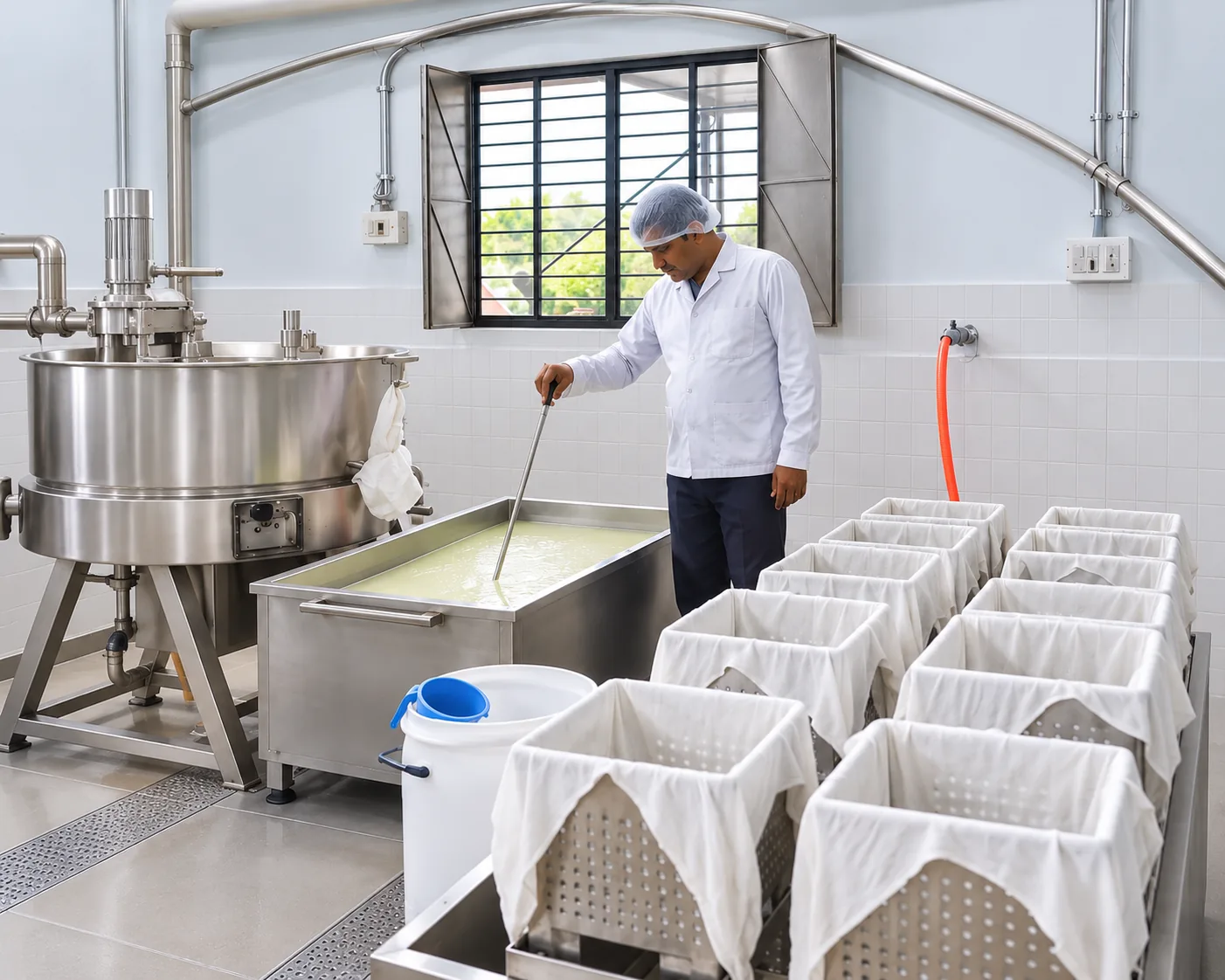 Fresh paneer being prepared on the New Mahaveer Dairy production line