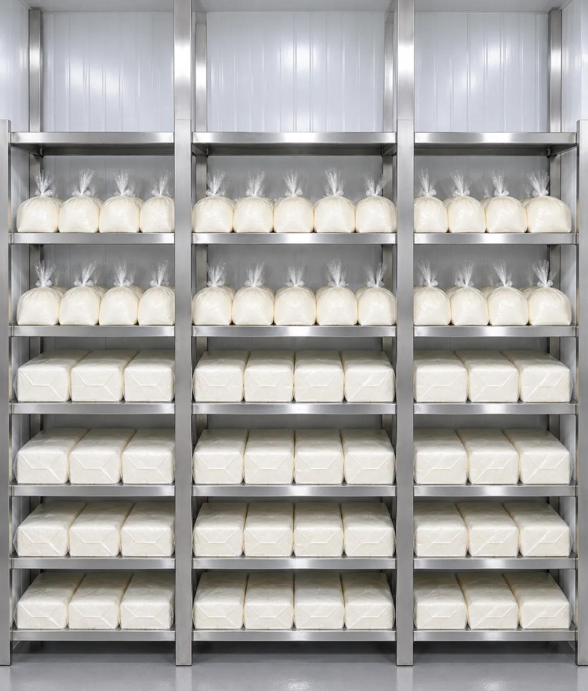 Paneer blocks stored on stainless steel racks