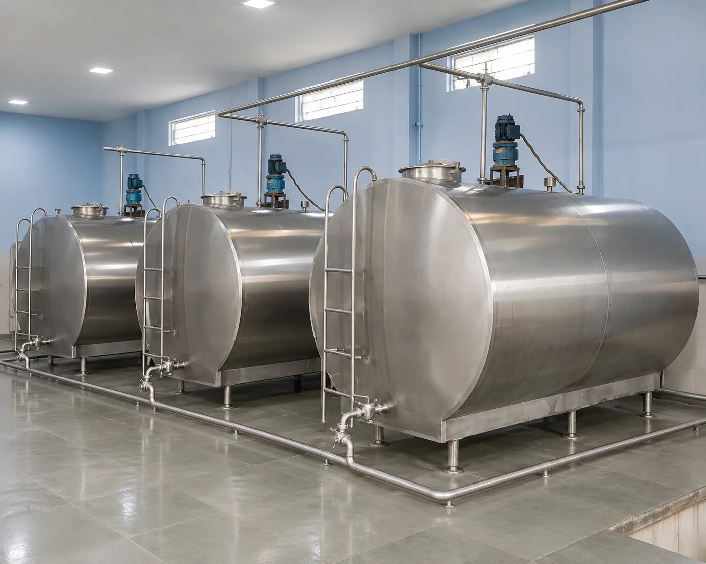 Stainless-steel milk storage tanks at the New Mahaveer Dairy facility
