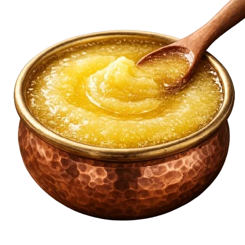 Golden ghee served in a copper bowl