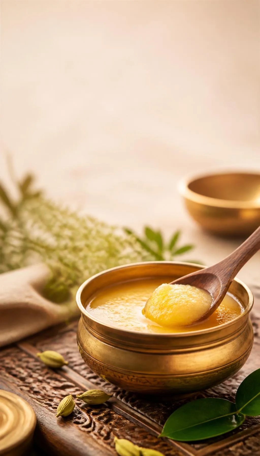 Sanmati pure desi ghee in a traditional brass bowl